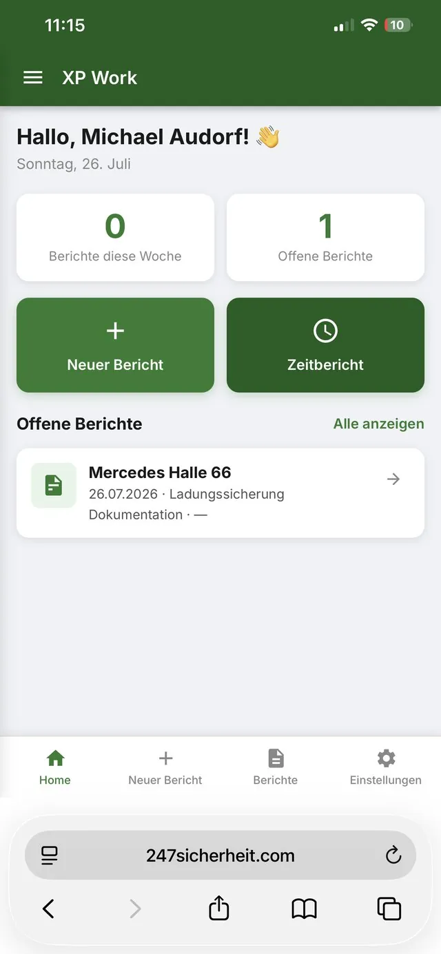 XP Lasi App – Startbildschirm