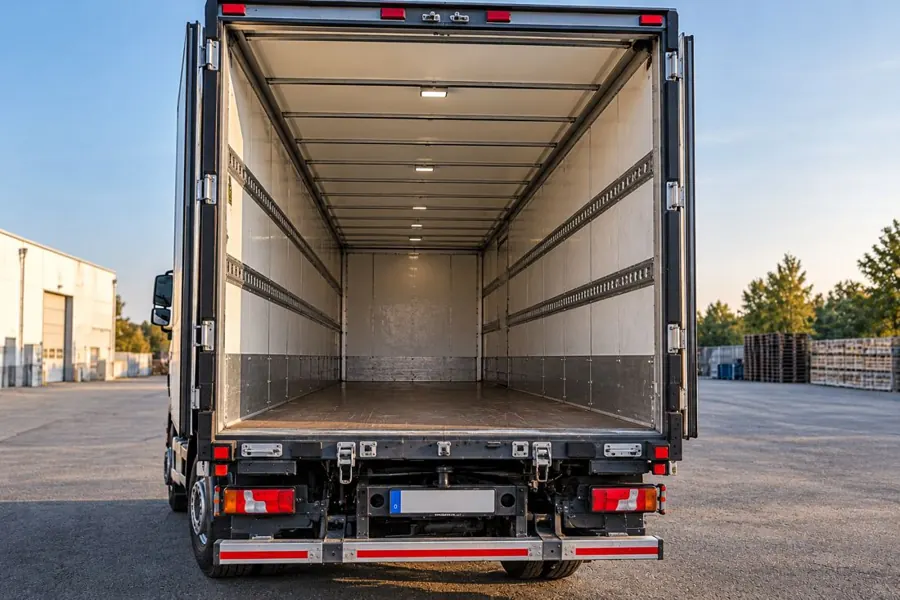 Koffer-LKW von hinten mit Zurrschienen